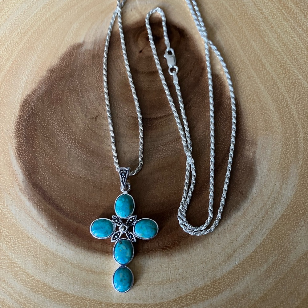 Turquoise and Silver Cross Necklace– BOGO FREE Jewelry Deal